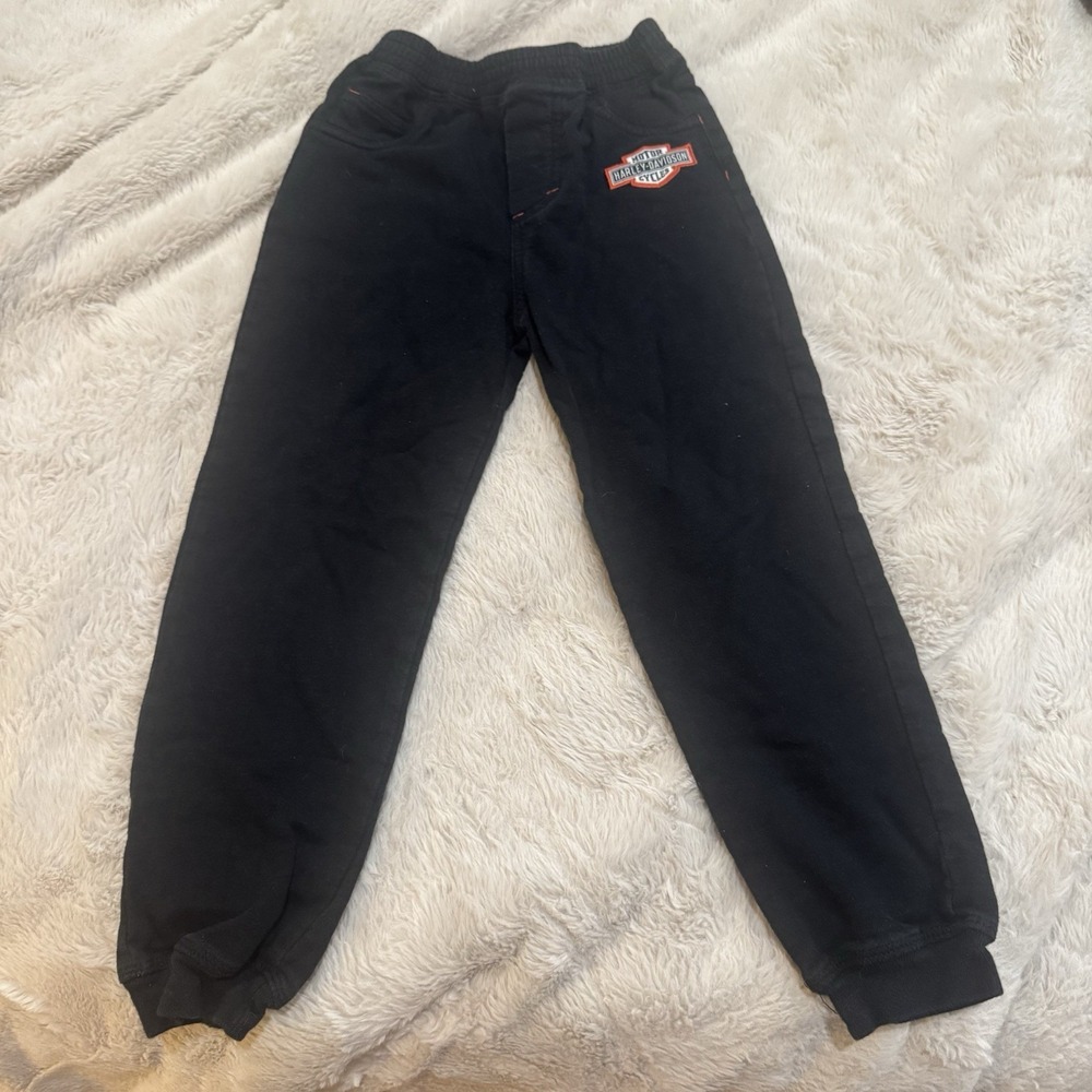 HARLEY DAVIDSON Kids Black PANTS Orange Stitched Pockets Elastic Waist Size 4T